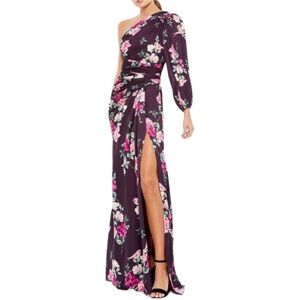 NWT IEENA Mac Duggal Plum Floral Print One Shoulder /Sleeve Gown